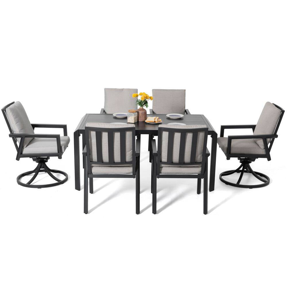 Black 7-Piece Aluminum Outdoor Dining Set with Gray Cushion