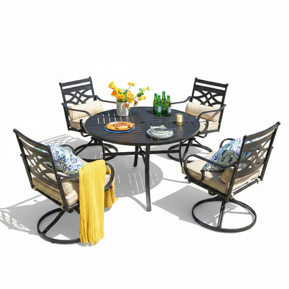 5-Piece Metal Outdoor Dining Set with Beige Cushions and Swivel Dining Chairs