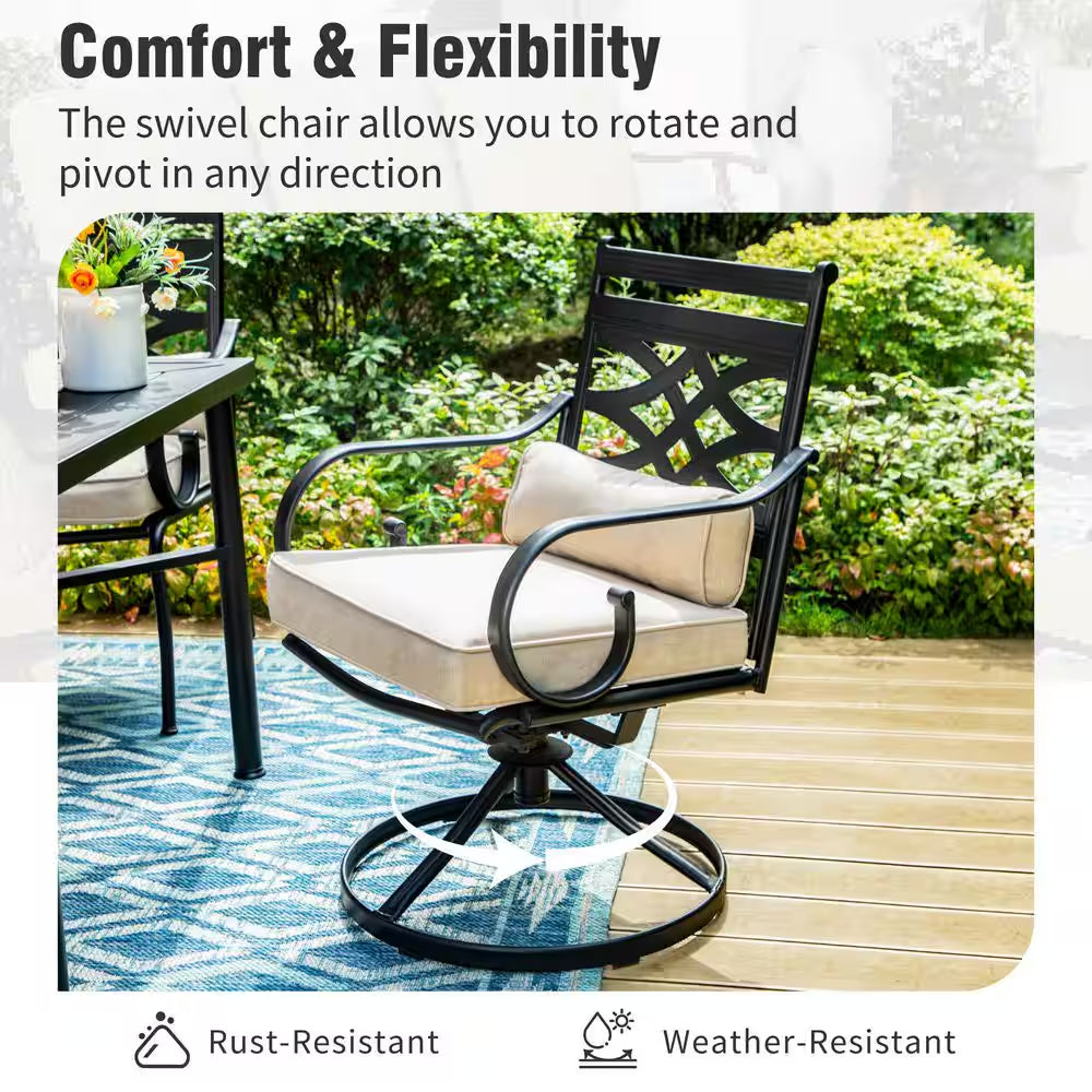 5-Piece Metal Outdoor Dining Set with Beige Cushions and Swivel Dining Chairs