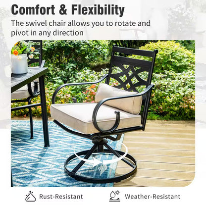 5-Piece Metal Outdoor Dining Set with Beige Cushions and Swivel Dining Chairs